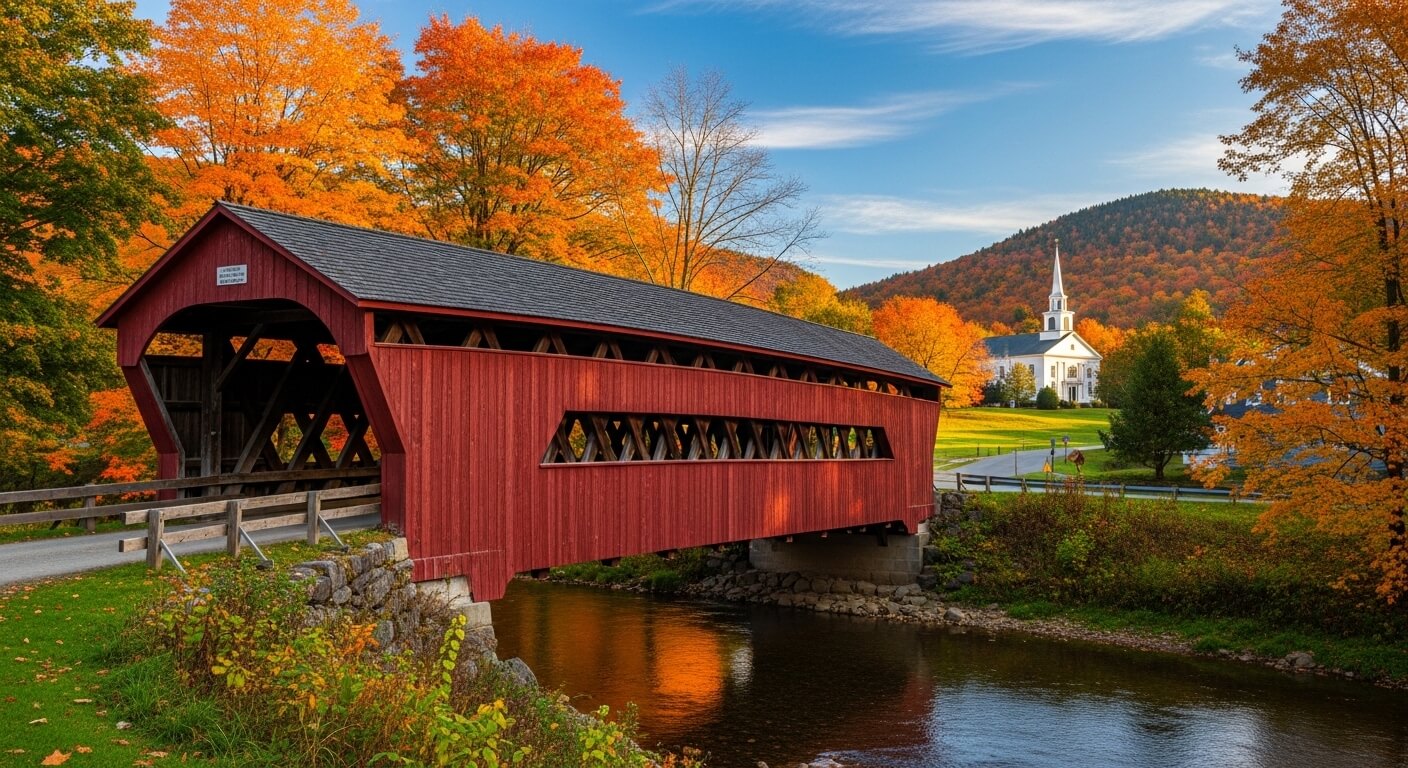 Red covered bridge over river with autumn trees and white church steeple in the background