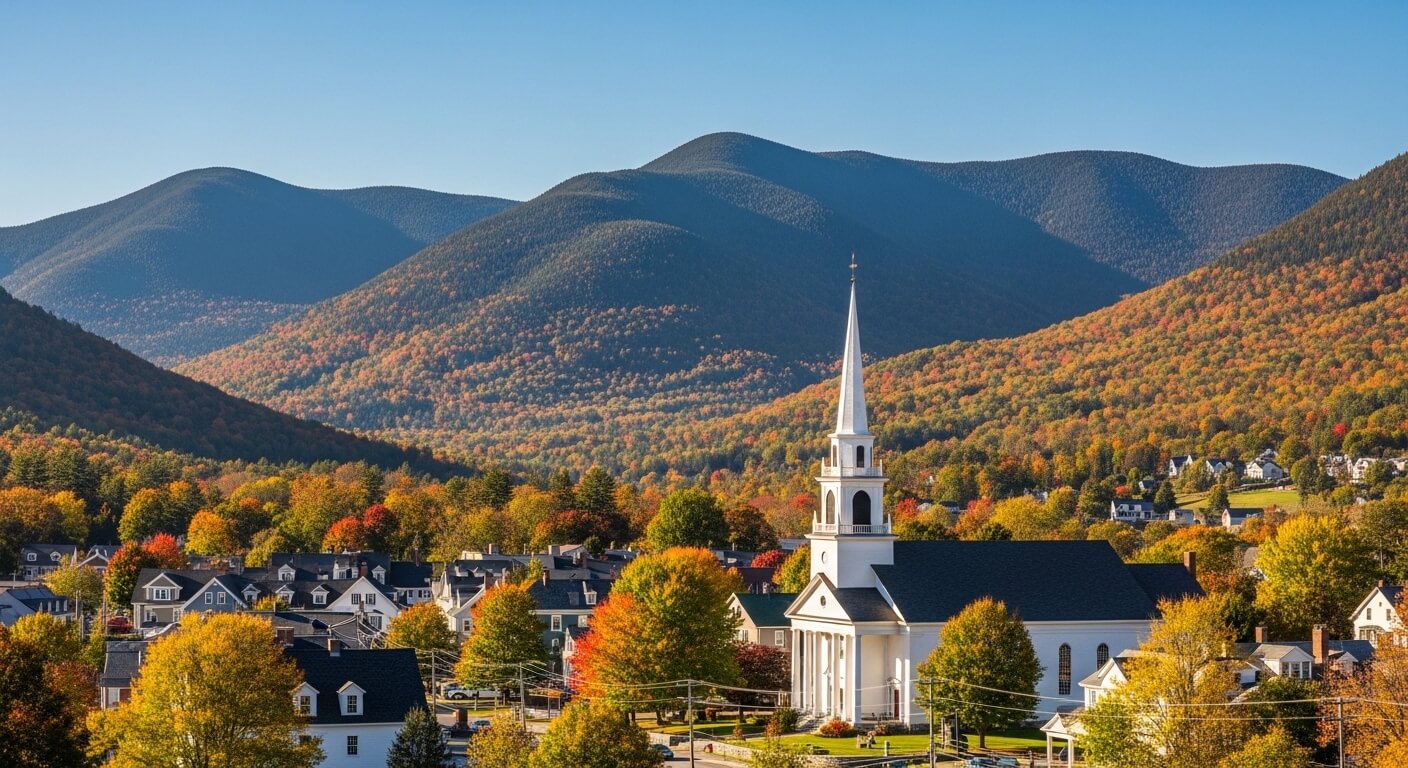 White church with a tall steeple in a small town surrounded by autumn trees and mountains in the background