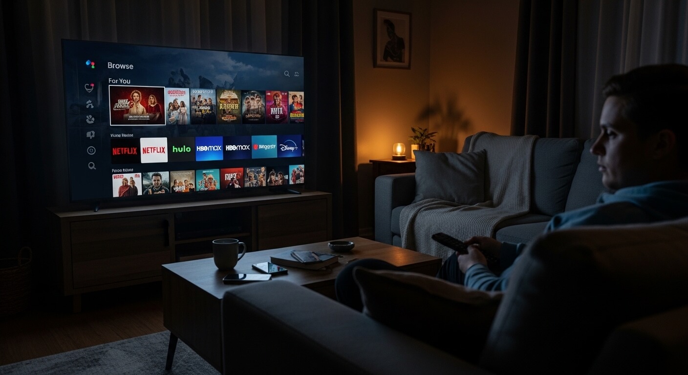 Person holding remote control watching streaming service menu on TV with Netflix, Hulu, HBO Max, and Disney+ options visible