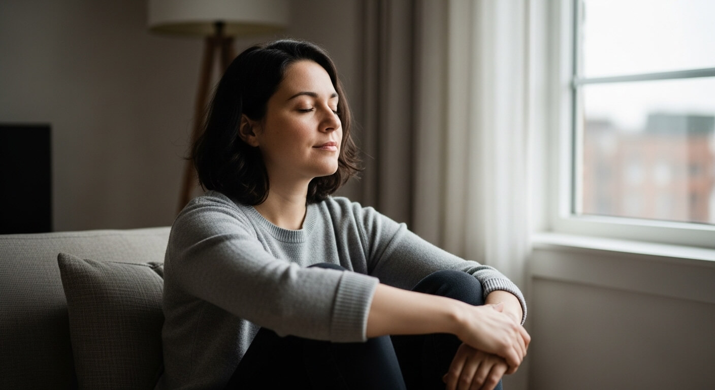 Woman in gray sweater sitting on couch with eyes closed near window, appearing relaxed and peaceful