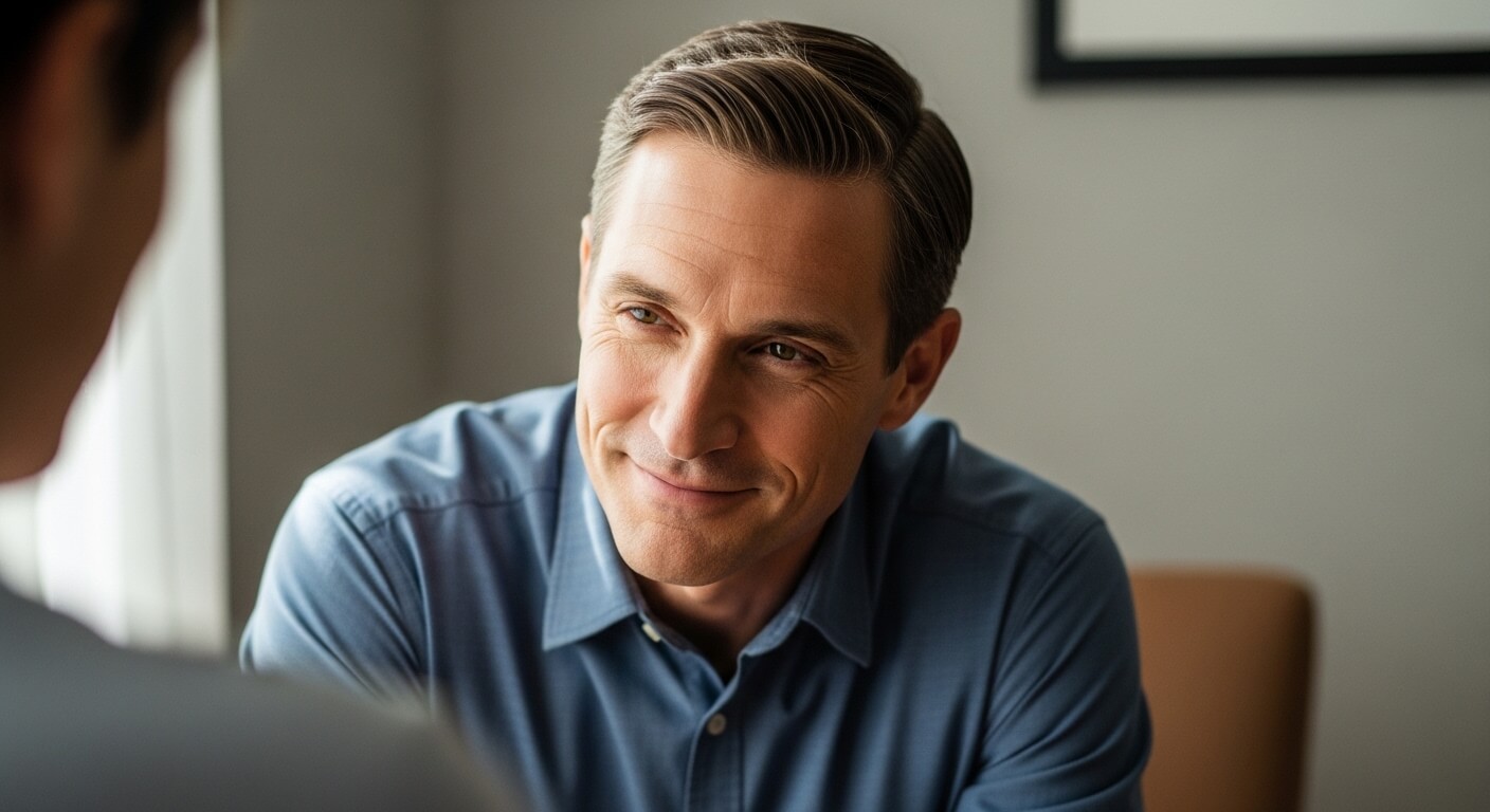 Smiling man in a blue shirt looking at another person during a conversation in a neutral indoor setting