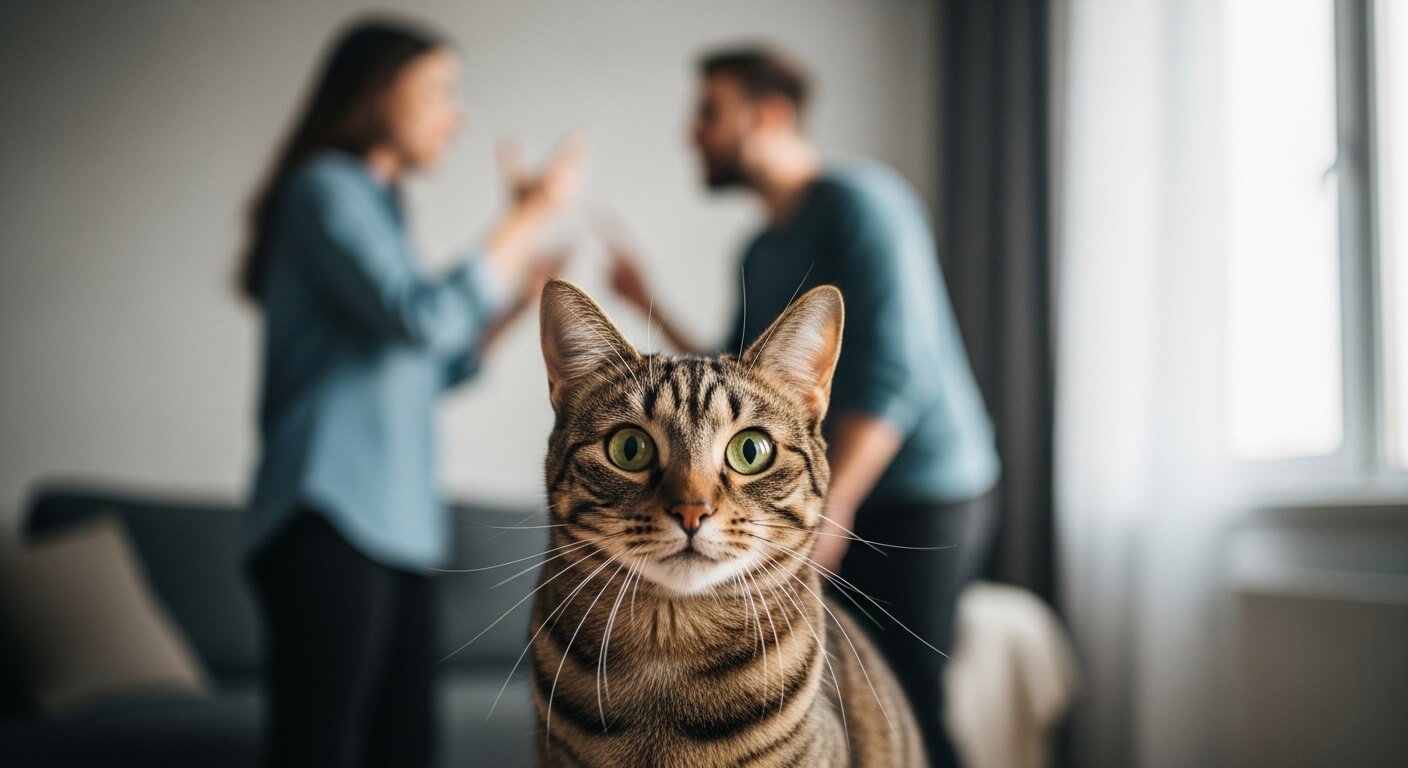 Tabby cat with green eyes in focus with a blurred couple arguing in the background inside a living room.