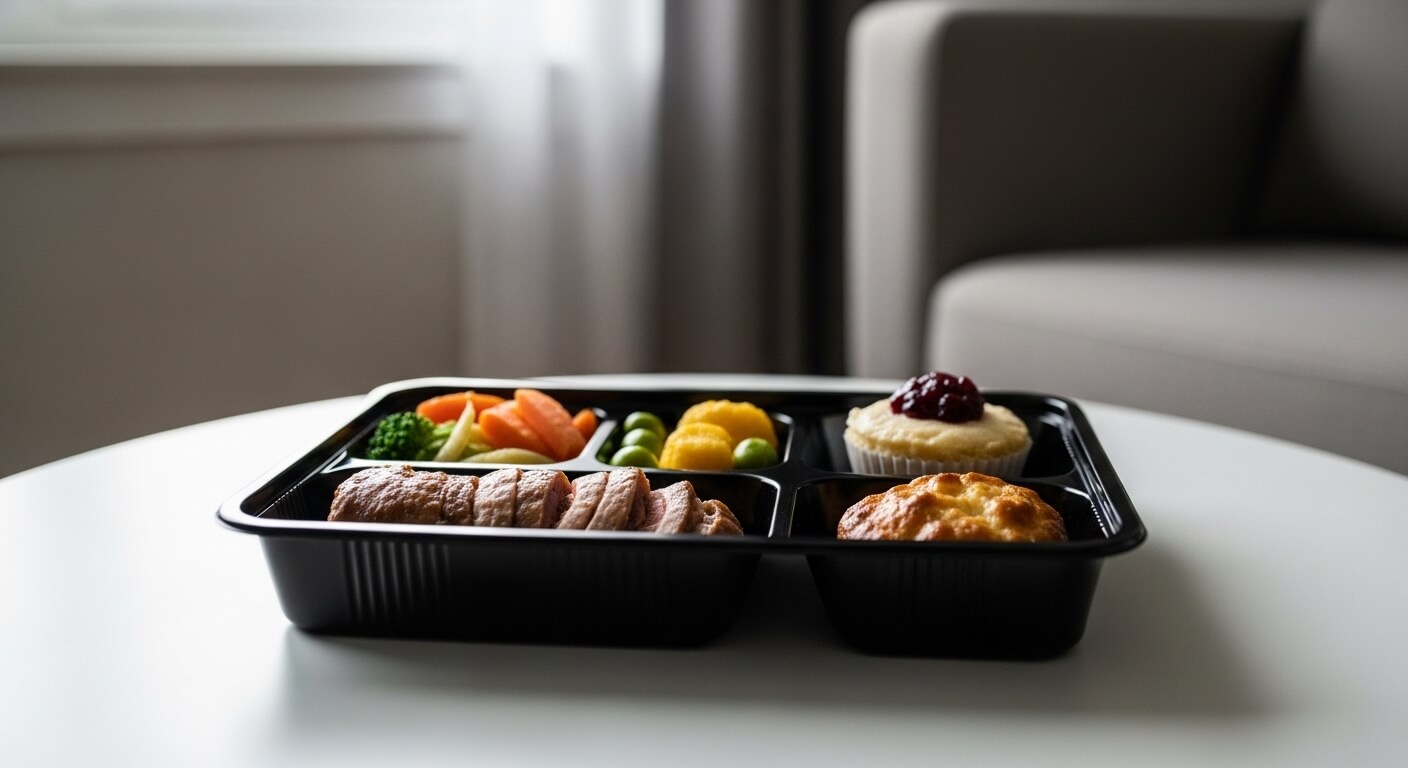 Black plastic tray with sliced meat, steamed vegetables, green peas, mashed potatoes with gravy, and a muffin with jam on a white table.
