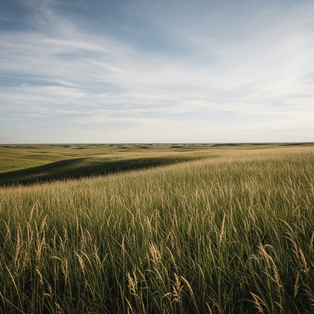 Rolling grass-covered plains under a partly cloudy sky during daylight