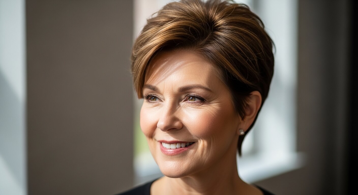 Smiling middle-aged woman with short brown hair looking out a window with soft natural light on her face.