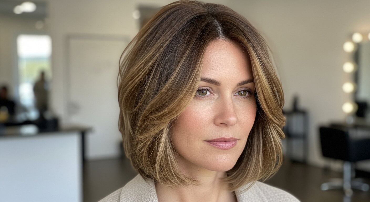 Woman with shoulder-length layered brown hair with blonde highlights in a salon setting