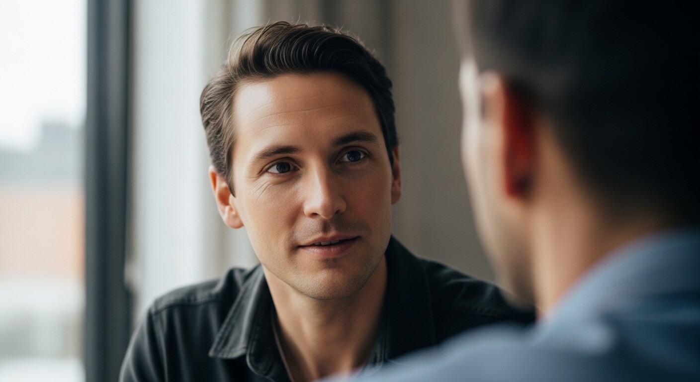 Young man with dark hair attentively listening to another person during a conversation indoors near a window