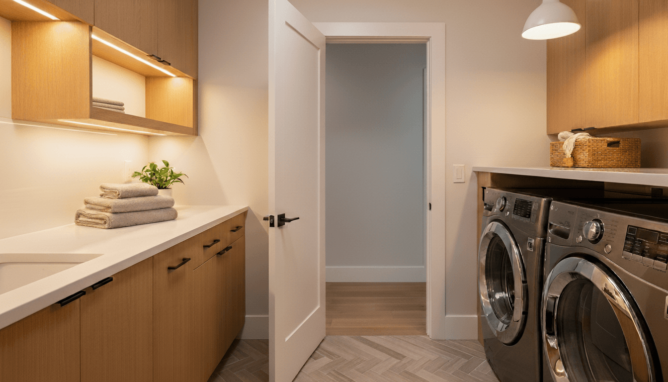 Modern laundry room with stacked towels, potted plant, and front-loading washer and dryer under wooden cabinets