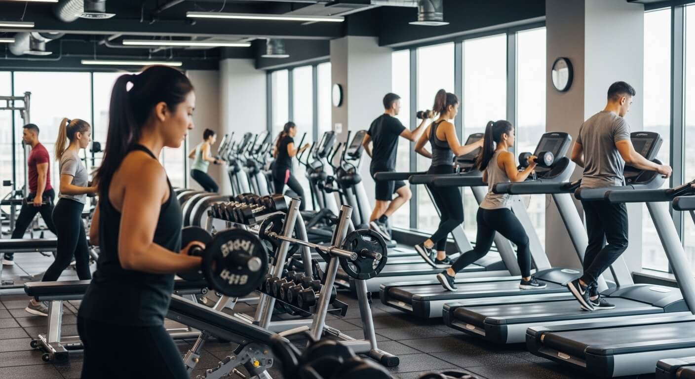 People exercising on treadmills and lifting weights in a modern gym with large windows.