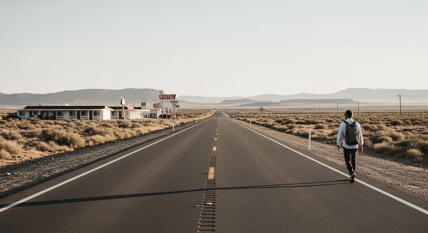 Man with backpack walking along empty desert highway near motel with Route 1 sign