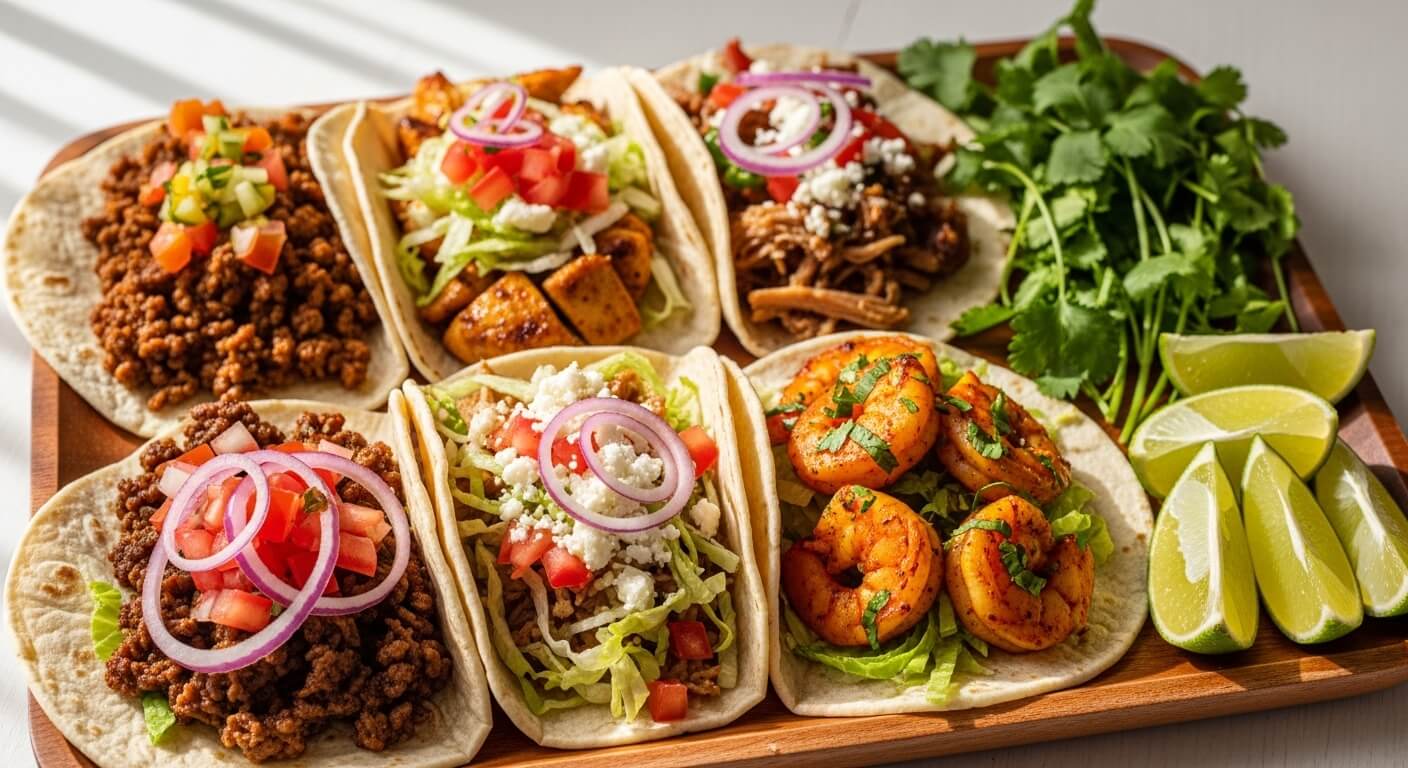 Six assorted tacos with ground beef, grilled shrimp, chicken, and pulled pork on a wooden tray with lime wedges and cilantro.