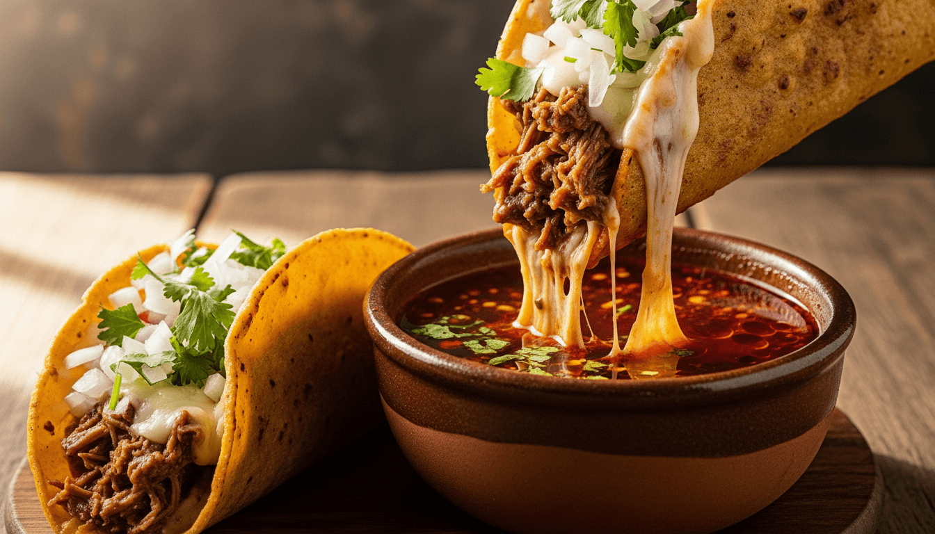 Two shredded beef tacos with melted cheese, onions, and cilantro, one being dipped into a bowl of red sauce.