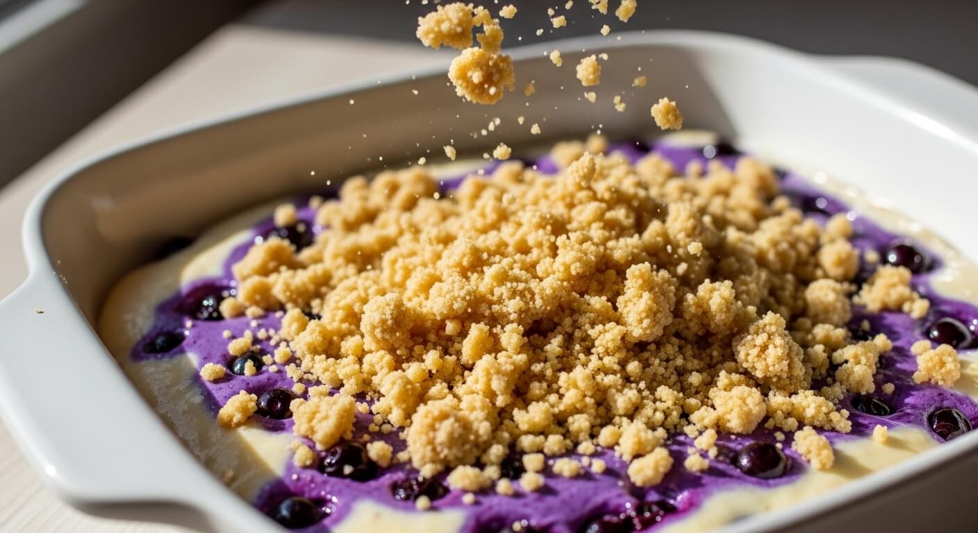 Blueberry crumble topping being sprinkled over unbaked dessert in white baking dish