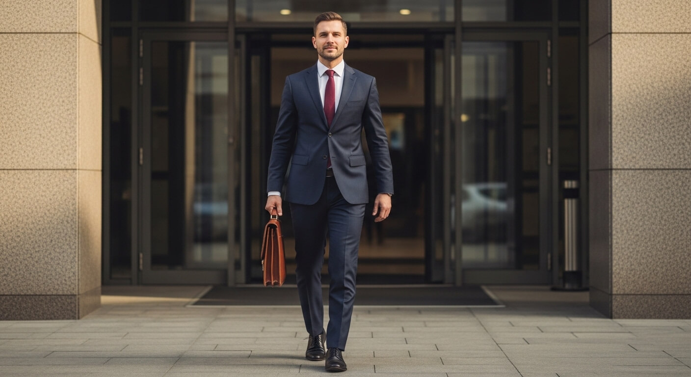 Man in navy suit and red tie walking out of office building carrying brown leather briefcase