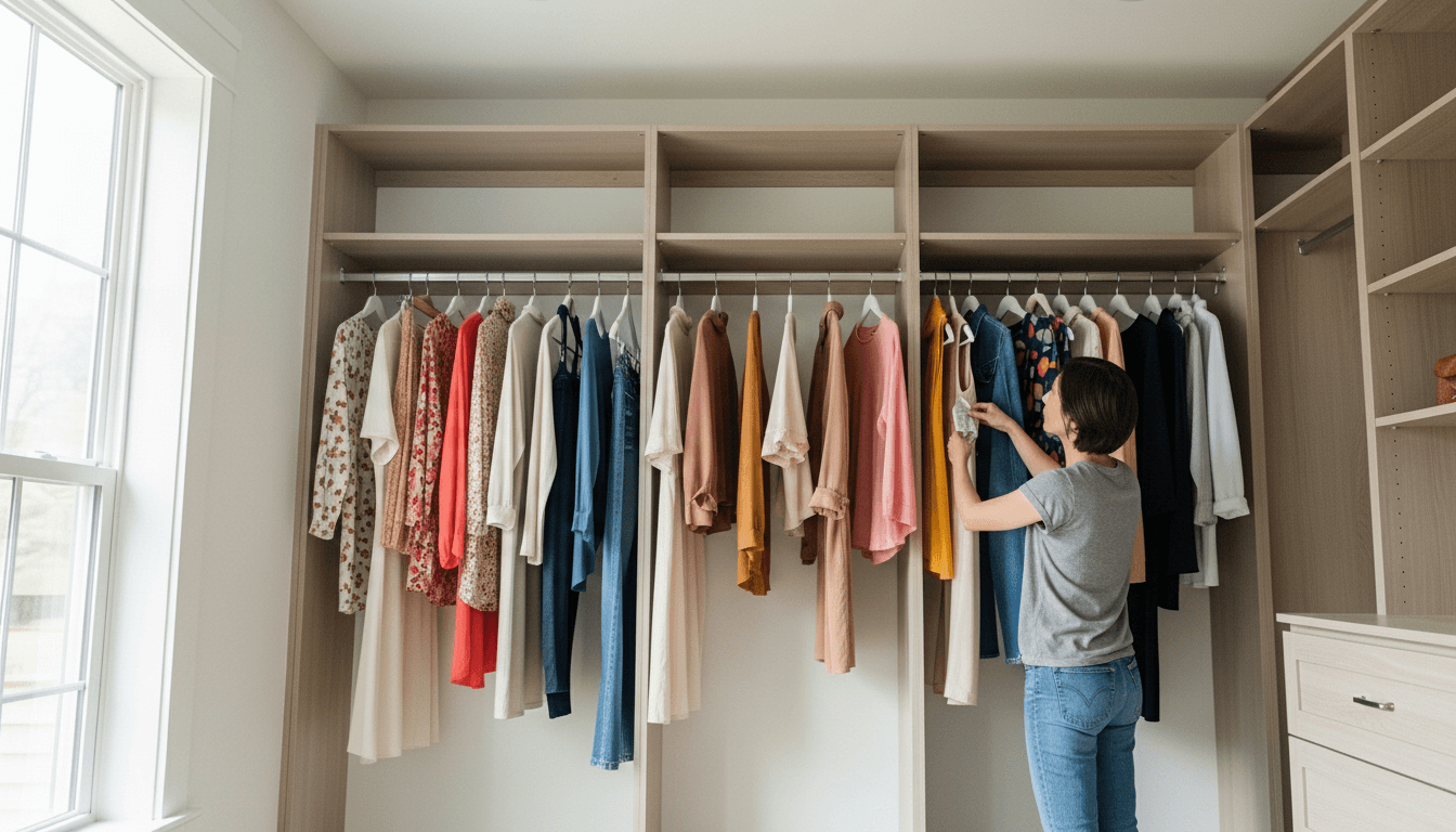 Woman organizing colorful clothes on hangers in a spacious wooden closet near a window