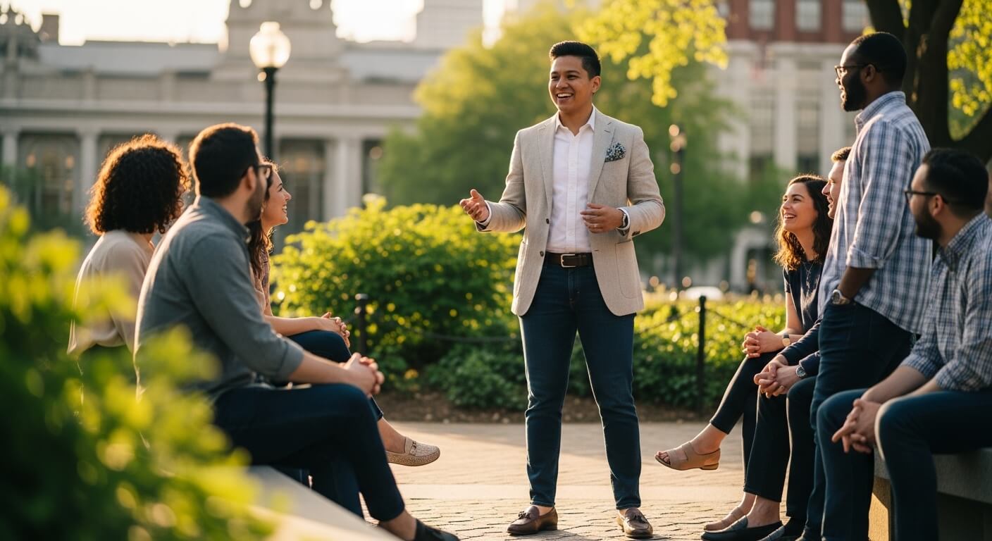 Young man in a beige blazer speaking to a diverse group of people seated outdoors in a park setting