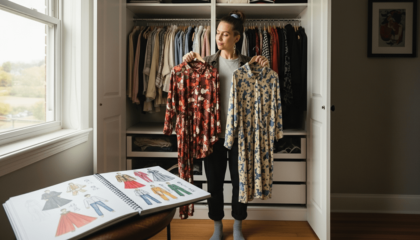 Woman holding two patterned dresses in front of a wardrobe with a fashion sketchbook on a table nearby