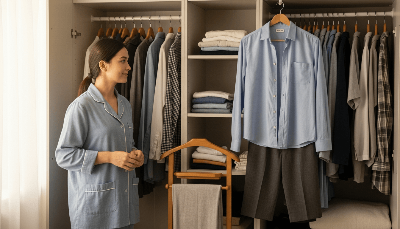 Woman in blue pajamas standing near an organized wardrobe with hanging shirts, pants, and folded clothes on shelves