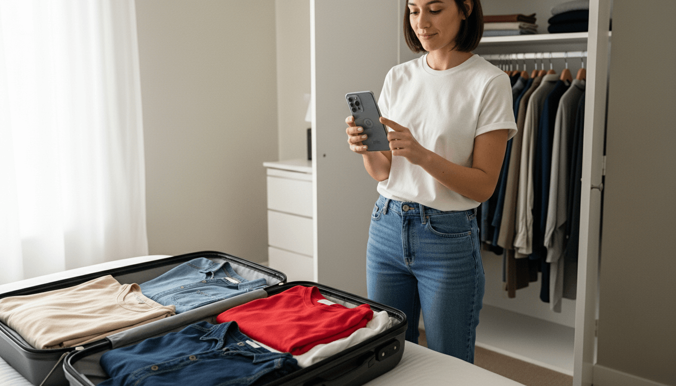 Woman in white t-shirt and jeans packing clothes into a suitcase while using a smartphone in a bedroom.