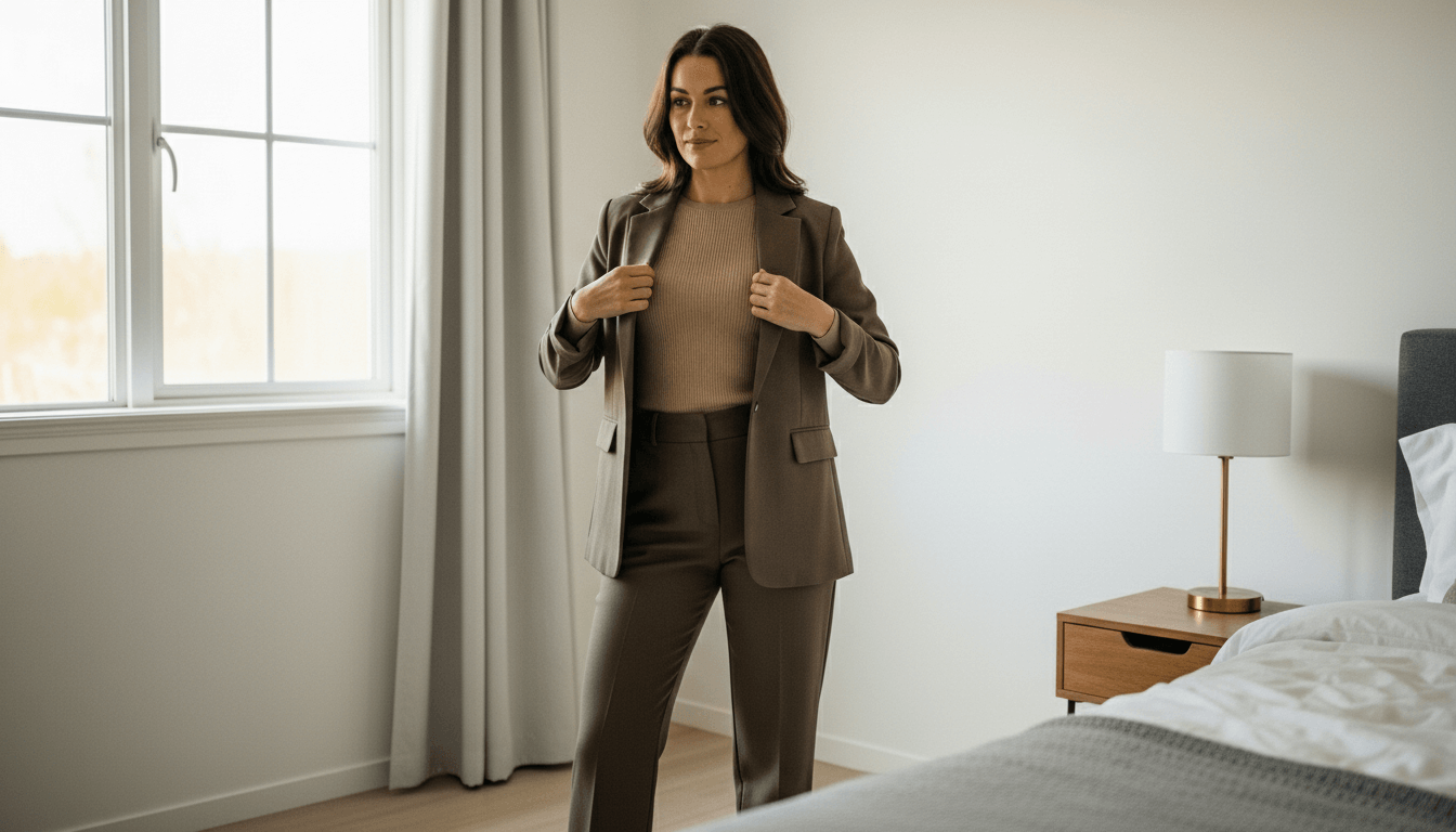 Woman adjusting brown blazer in a modern bedroom with beige curtains and wooden nightstand lamp