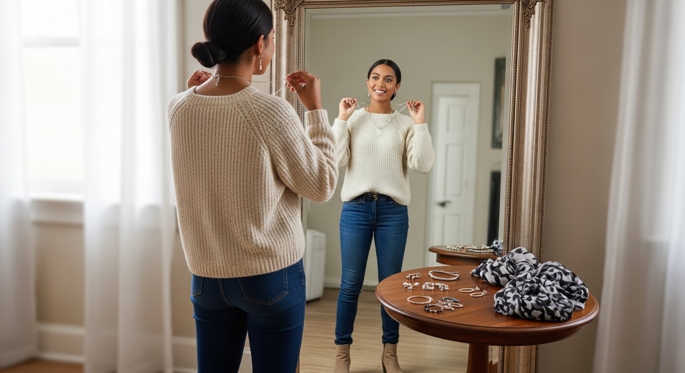 Woman in beige sweater and jeans trying on a necklace in front of a mirror with jewelry on a wooden table nearby
