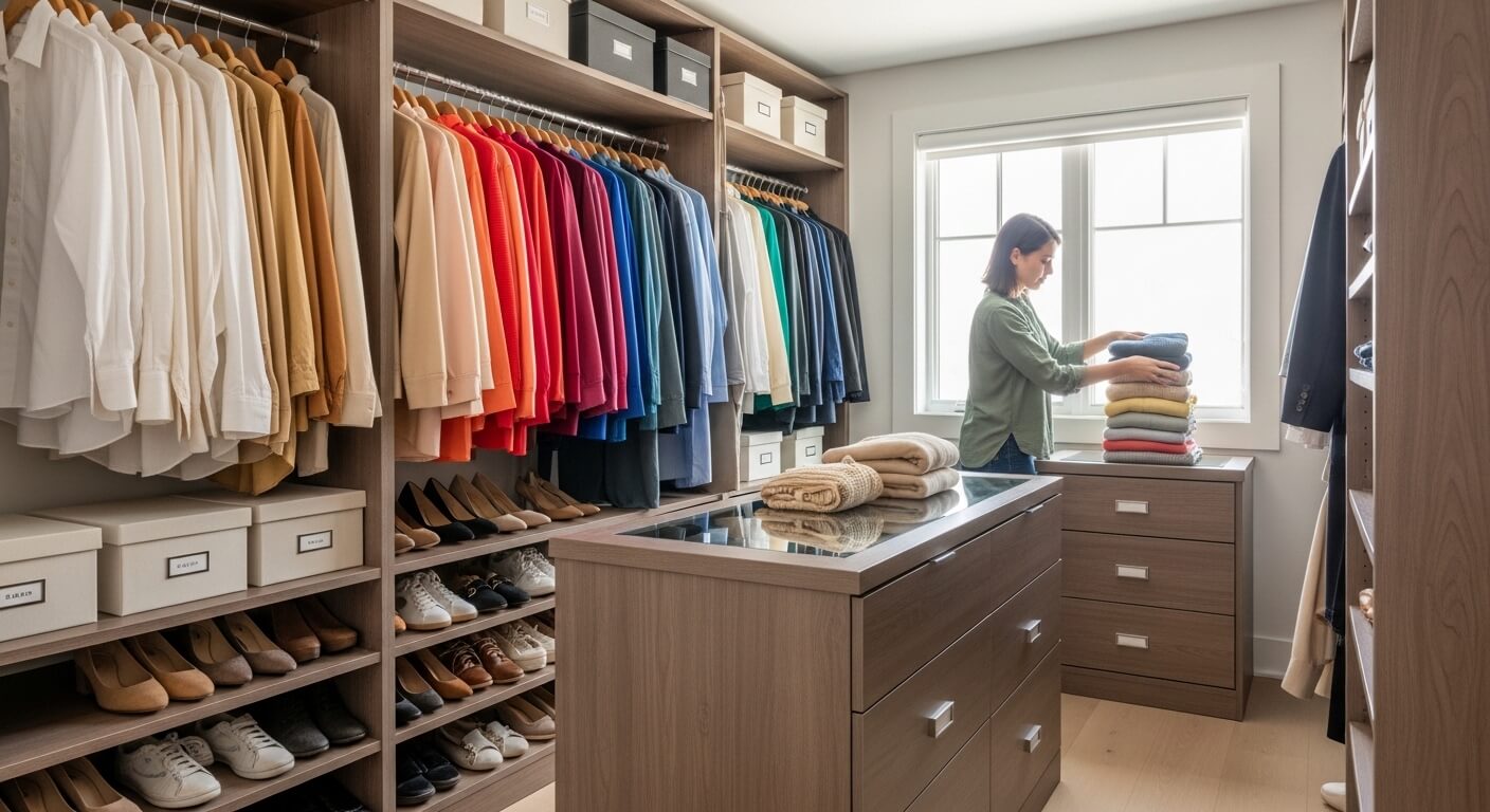 Woman organizing folded sweaters in a spacious walk-in closet with colorful hanging clothes and shoes.