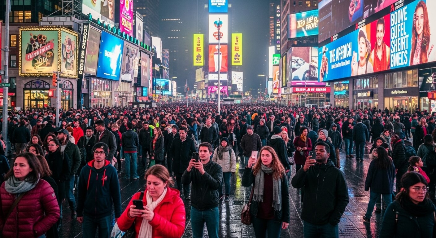 Crowd of people walking and taking photos in Times Square at night with bright digital billboards overhead