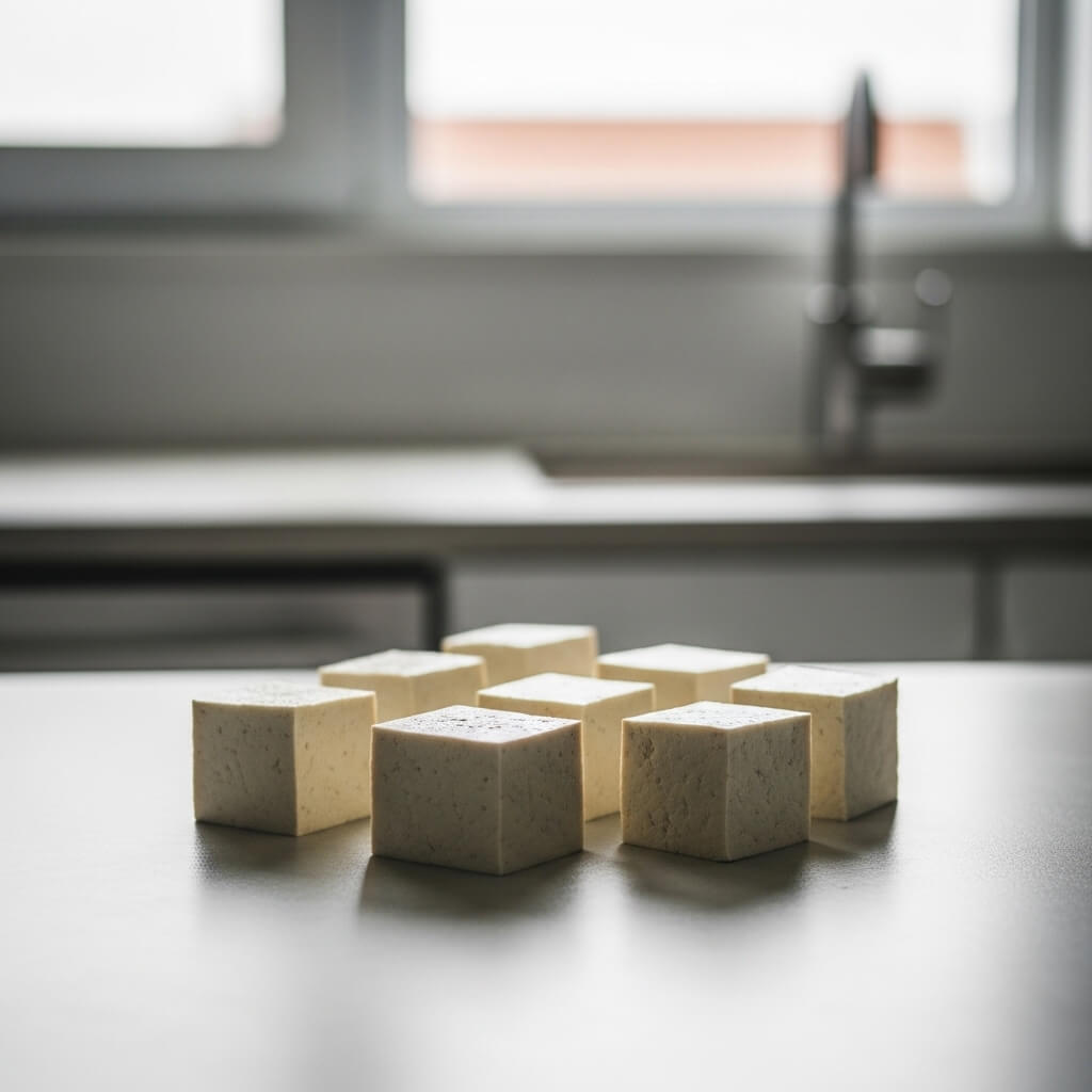Nine beige tofu cubes arranged on a kitchen countertop with a blurred sink and window in the background.