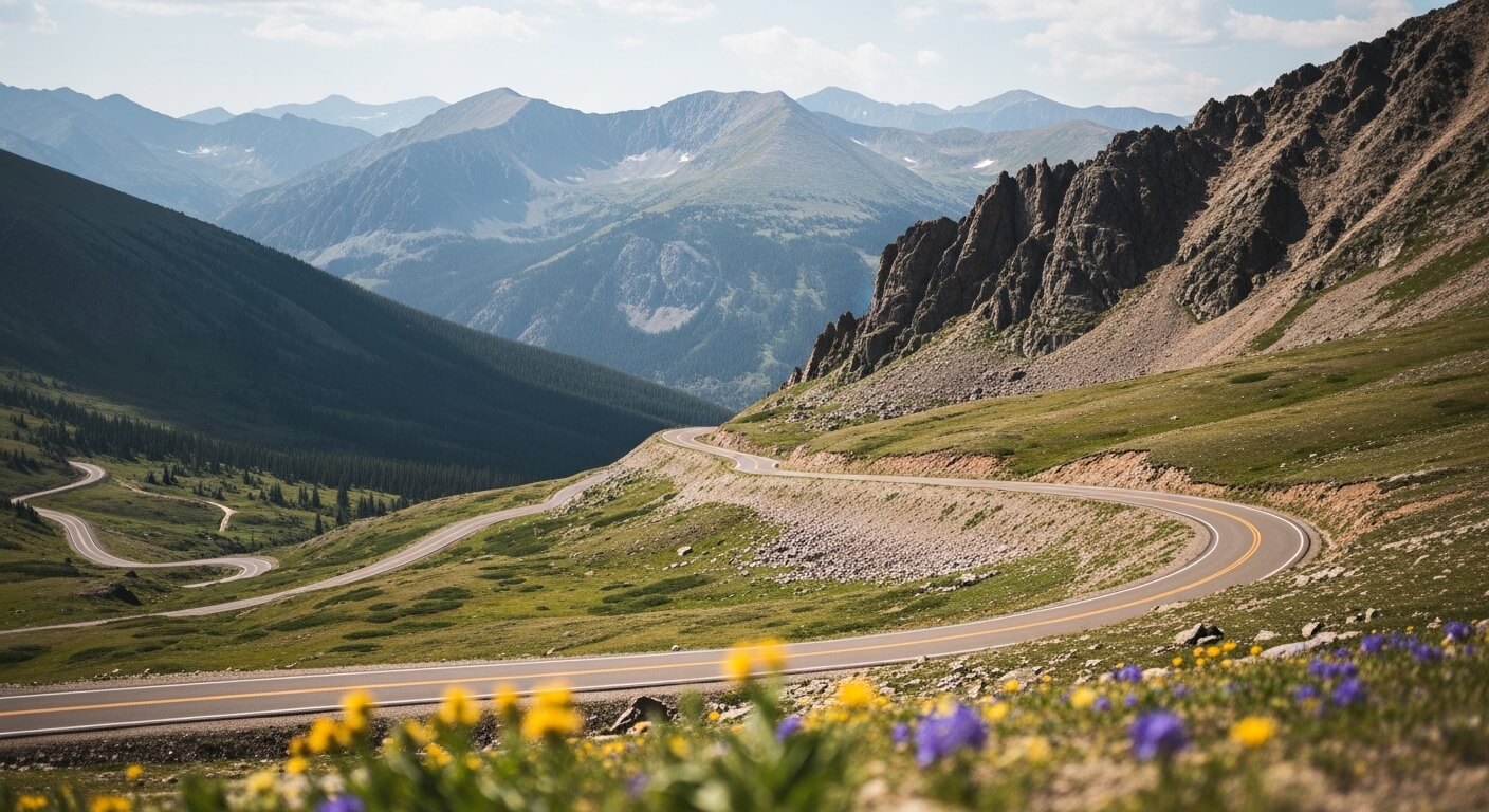 Winding mountain road with wildflowers in foreground and rocky peaks under a partly cloudy sky.