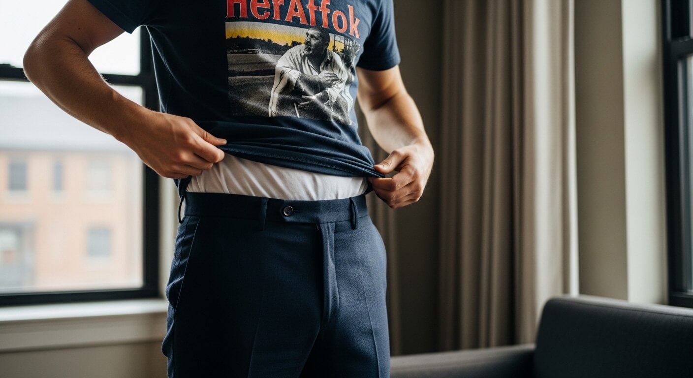 Person wearing a navy HerAffok T-shirt lifting it to reveal a white undershirt and navy pants indoors by a window.