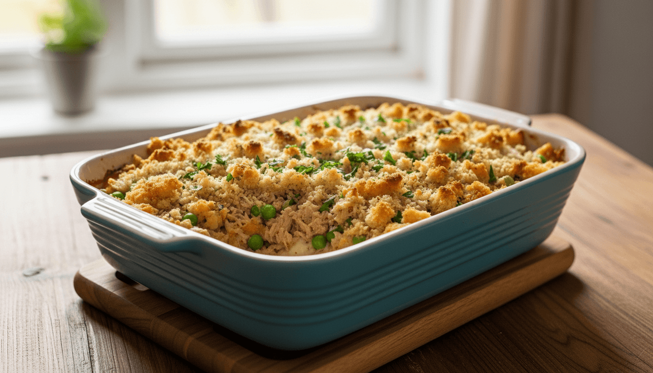 Baked tuna casserole with peas and breadcrumb topping in a blue ceramic dish on a wooden table