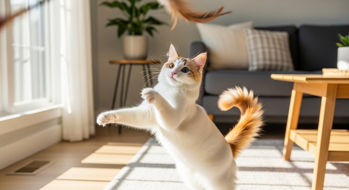White and orange cat with heterochromia playing with a feather toy in a sunlit living room