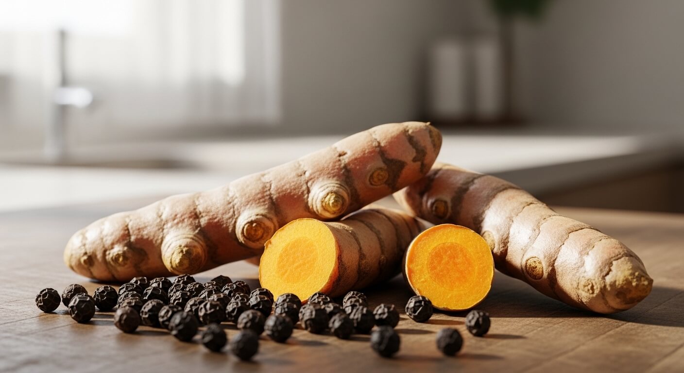 Whole and sliced turmeric roots with black peppercorns on a wooden surface