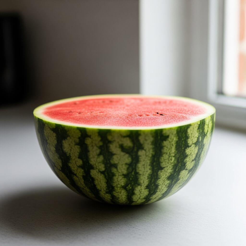 Half of a ripe watermelon with red flesh and green striped rind on a white surface near a window