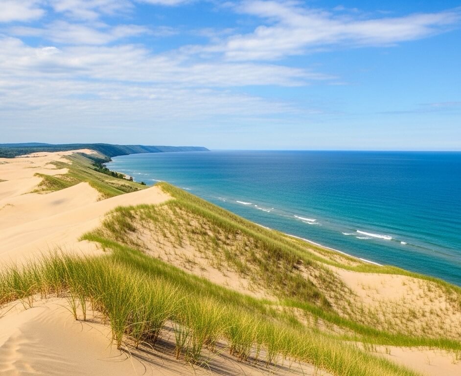 Sandy dunes with green grass overlooking a calm blue ocean under a partly cloudy sky.