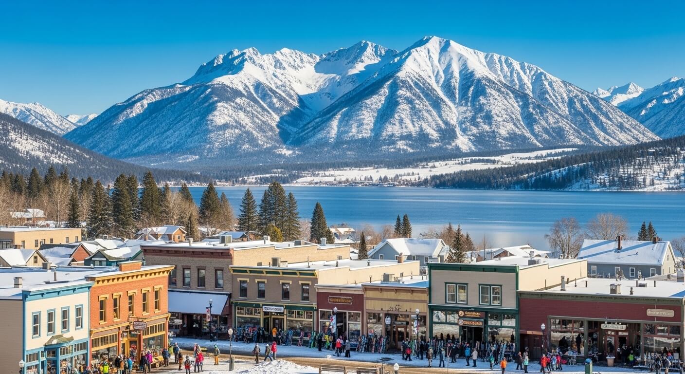 Small town with colorful shops and people in winter near a lake with snow-covered mountains in the background