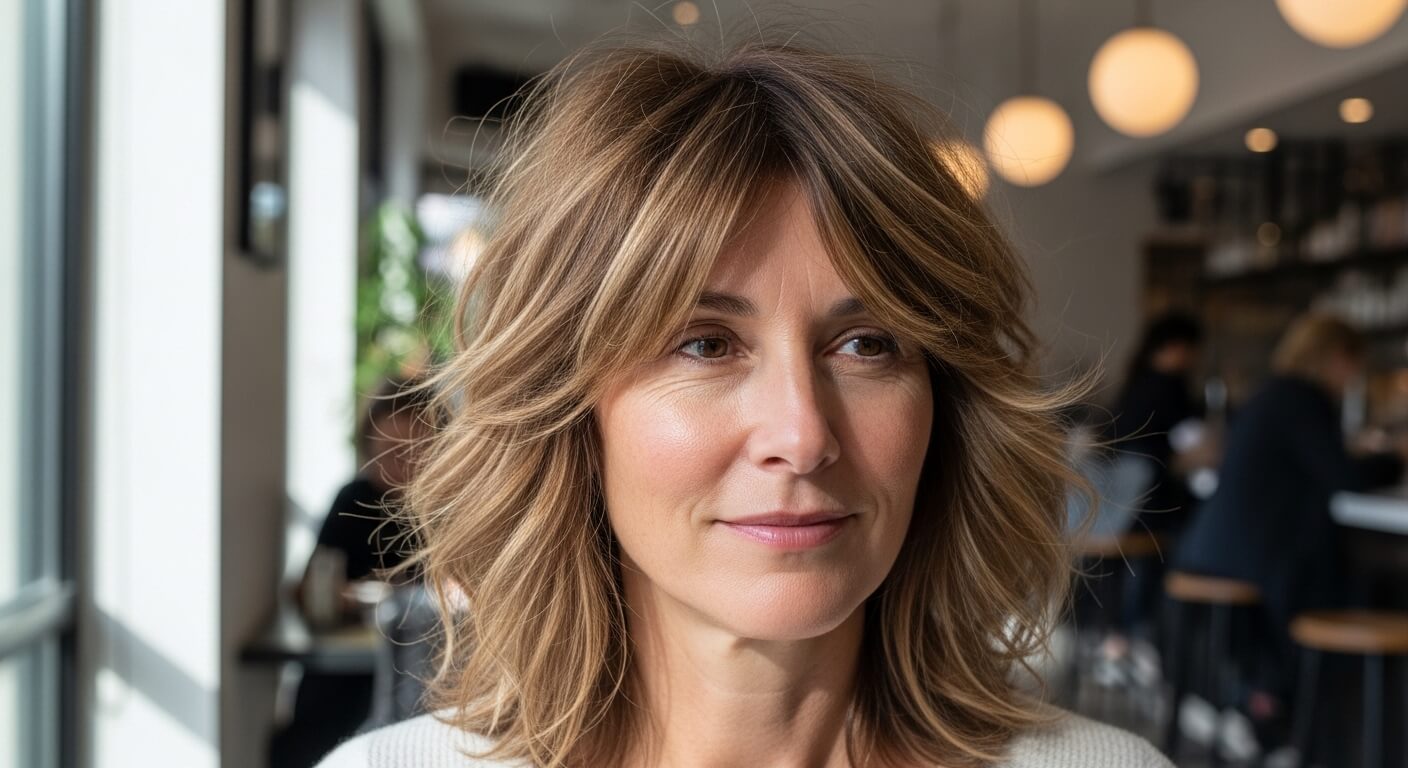 Woman with shoulder-length wavy blonde hair looking to the side in a modern cafe setting
