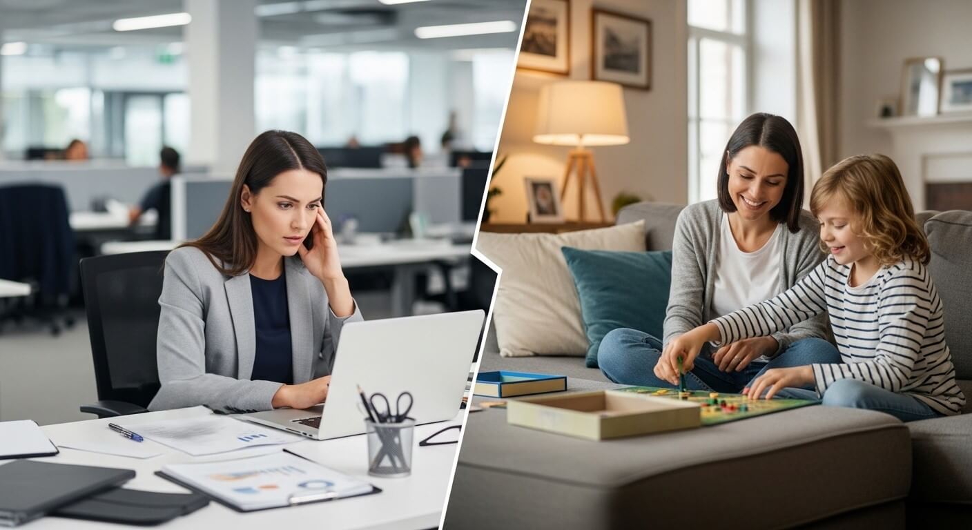 Split image showing a woman working on a laptop in an office and the same woman playing a board game with a child at home.