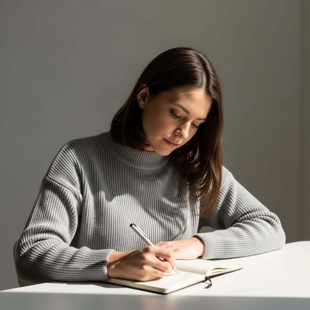 Young woman in a gray sweater writing in a notebook at a white table with soft natural light