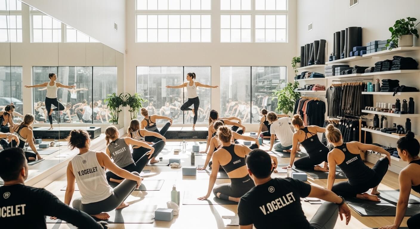 Yoga class with instructor demonstrating pose on platform and participants stretching on mats in bright studio
