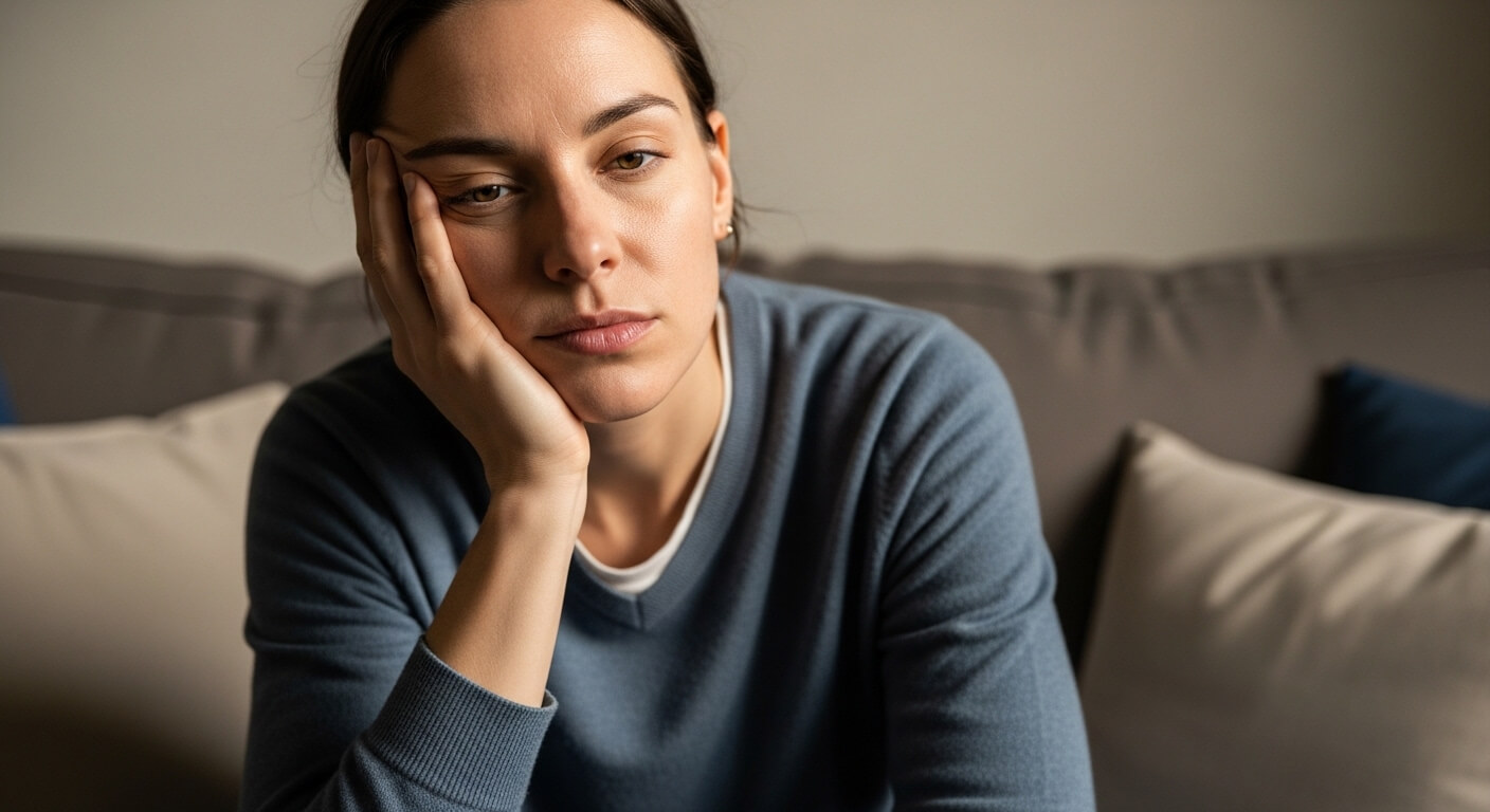 Young woman in a blue sweater sitting on a couch with a tired, contemplative expression resting her face on her hand.