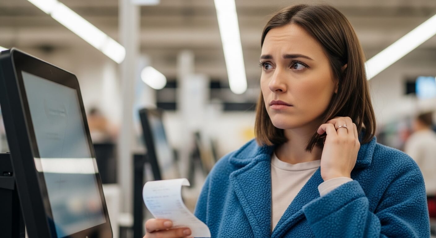 Woman in blue coat holding a receipt and looking concerned while using a self-checkout machine in a store.