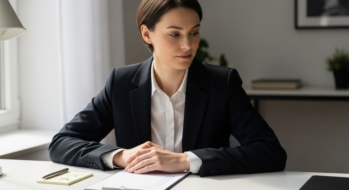 Professional woman in a black blazer and white shirt sitting at a desk with papers and a pen, looking to the side.
