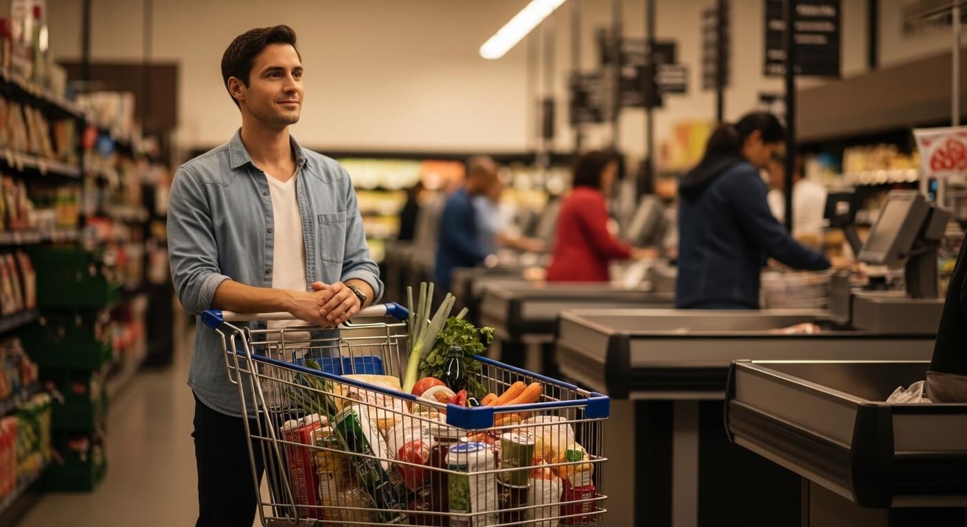 Man with shopping cart full of groceries waiting in line at supermarket checkout