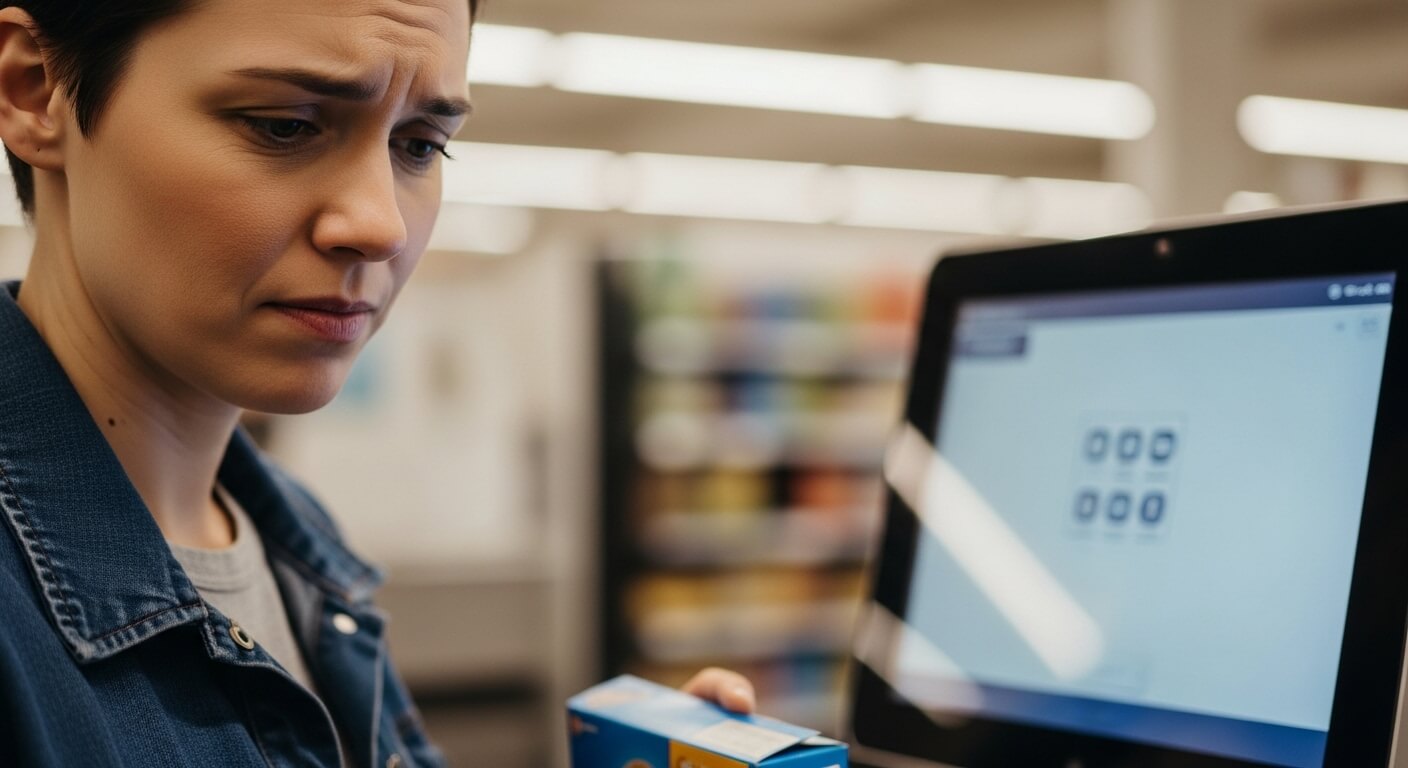 Woman with short hair looking confused while holding a product box near a touchscreen kiosk in a store