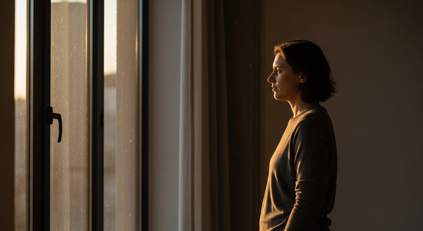 Woman in a brown sweater standing indoors, looking out a window at sunset with soft light on her face.