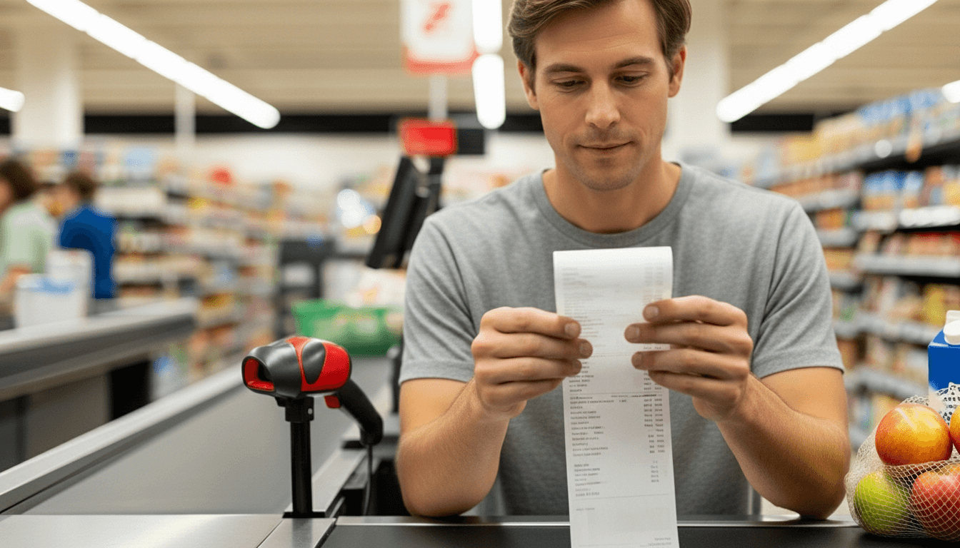 Man in gray shirt reading a grocery receipt at a supermarket checkout with fruits and milk nearby