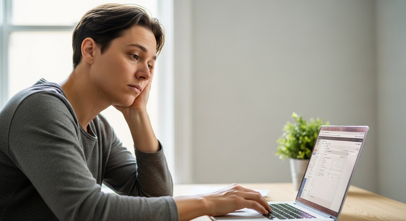 Person in gray long-sleeve shirt looking thoughtfully at a laptop screen in a bright room with a potted plant on the desk.