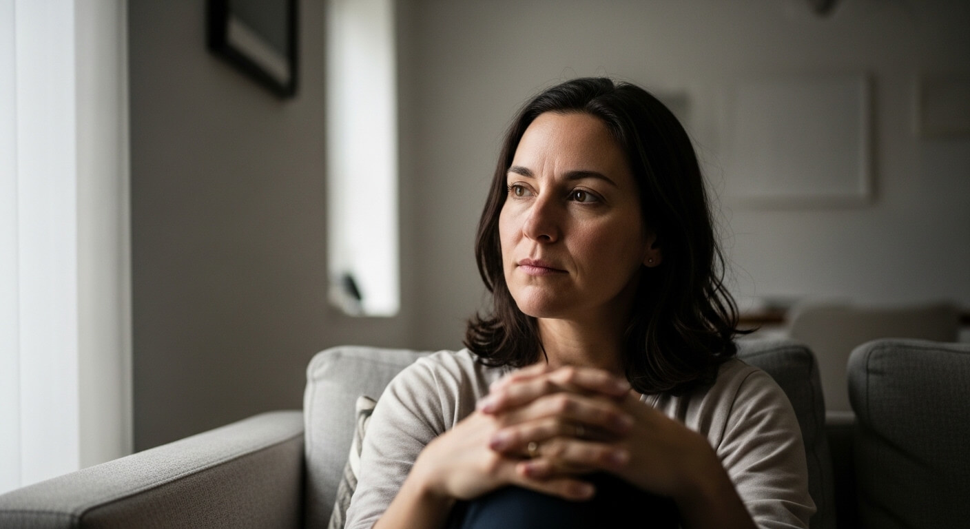 Thoughtful woman with dark hair sitting on a gray couch looking out a window in a softly lit room