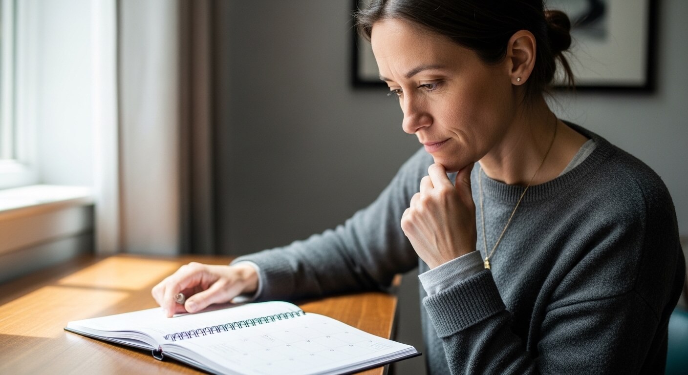 Woman in gray sweater sitting at a wooden table, thoughtfully looking at an open planner or calendar.